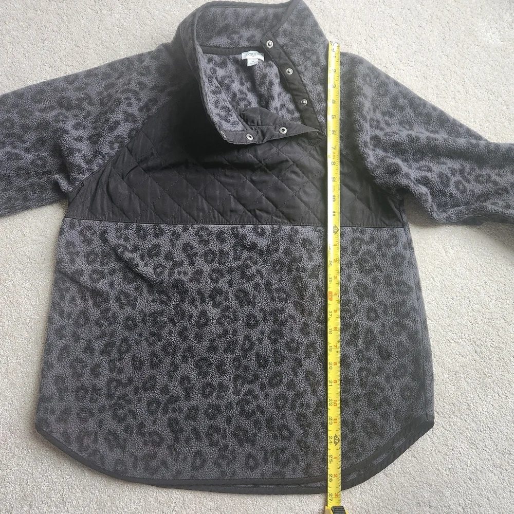 J. Crew Black and Gray Leopard Fleece Snap Pullover Size Medium